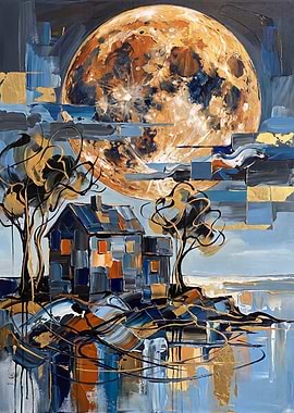 Golden Full Moon over a Blue Cottage