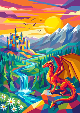 Vibrant Geometric Fantasy Landscape with Dragon