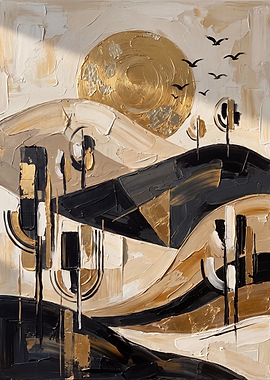 Abstract Golden Sun Landscape Painting