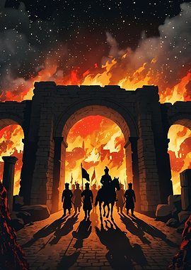 Soldiers Marching Through Burning City Gate