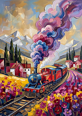 Vibrant Steam Train Through Flower Fields