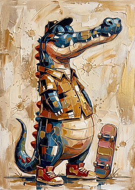Cool Skater Crocodile Oil Painting