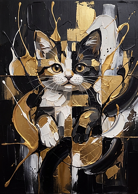 Abstract Gold and Black Kitten Painting