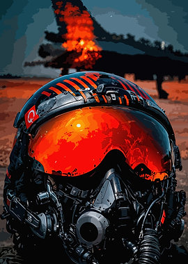 Fighter Pilot Helmet and Exploding Jet