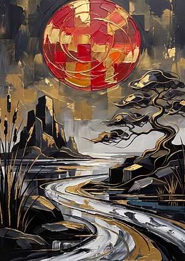 Abstract Japanese Landscape with Red Sun