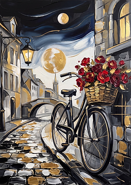 Moonlit European Street with Flower Bicycle