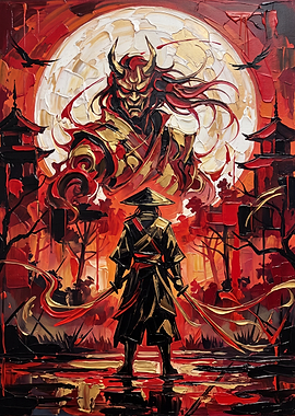Samurai Facing Oni Under Blood Moon