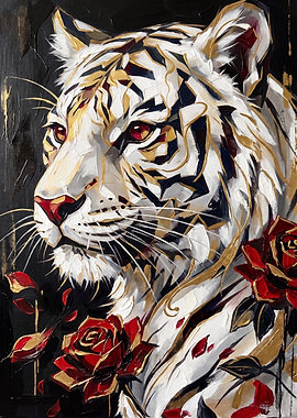 White Tiger with Red Roses Painting