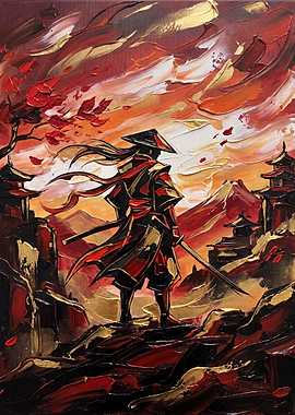 Samurai Warrior in Impasto Sunset Landscape