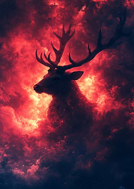 Majestic Stag in Fiery Cosmic Clouds