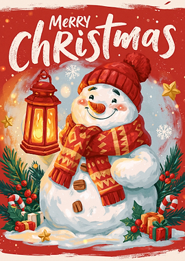 Cheerful Snowman with Lantern Merry Christmas Poster