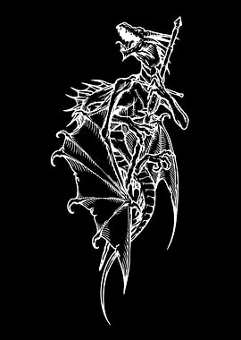 White Dragon with Sword on Black