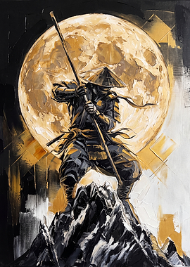Samurai Warrior Under the Golden Moon