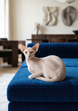 Hairless Cat on Blue Velvet Sofa