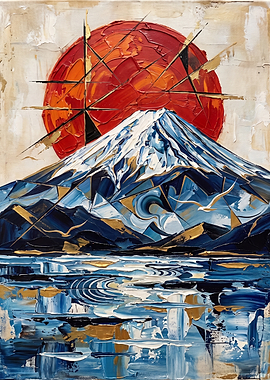 Abstract Mount Fuji with Red Sun Painting