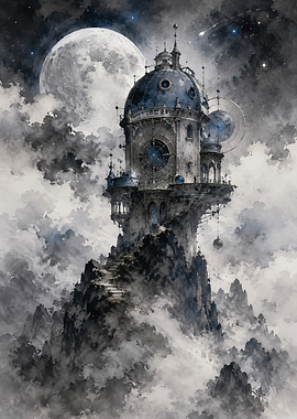 Celestial Observatory on a Misty Mountain Peak