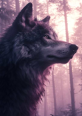 Majestic Wolf in a Purple Mist Forest