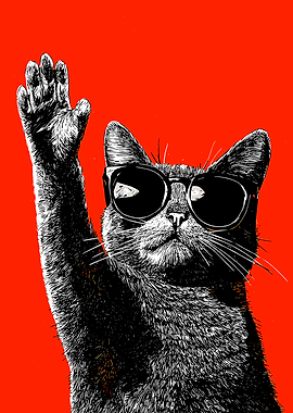 Cool Cat in Sunglasses Raising Paw