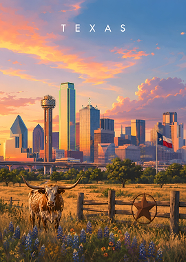 Texas Skyline Cityscape, Travel Poster