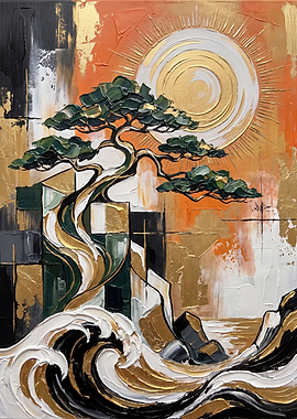 Abstract Bonsai Tree with Golden Sun and Waves