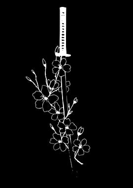 Katana and Cherry Blossoms Minimalist Art