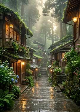 Misty Traditional Japanese Village Street