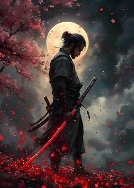 Samurai with Glowing Katana Under Full Moon