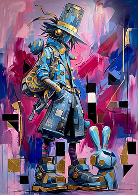 Cyberpunk Character with Blue Rabbit Companion