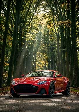 Red Aston Martin DBS in Sunlit Forest