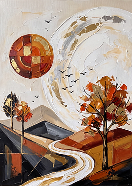 Abstract Autumn Landscape with Sun and Moon