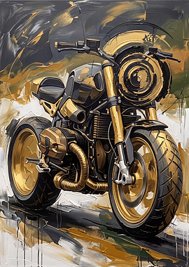 Gold and Black Abstract Motorcycle Painting