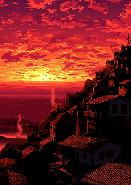 Vibrant Sunset Over a Hillside Village