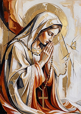 Virgin Mary Praying with Rosary Painting