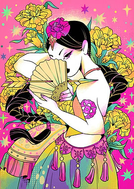 Vibrant Woman with Fan and Arrow