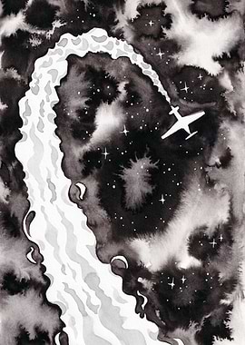 Monochrome Ink Painting of Plane in Space