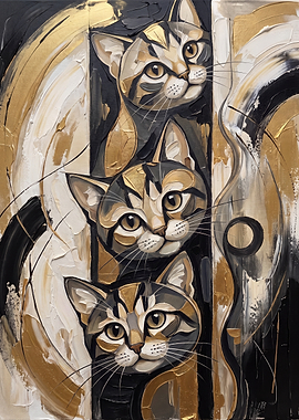 Three Stylized Cats in Gold and Black