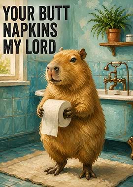 Capybara Holding Toilet Paper Bathroom Art