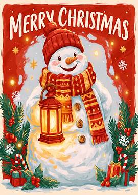 Merry Christmas Snowman with Lantern
