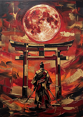 Samurai Under Blood Moon Torii Gate