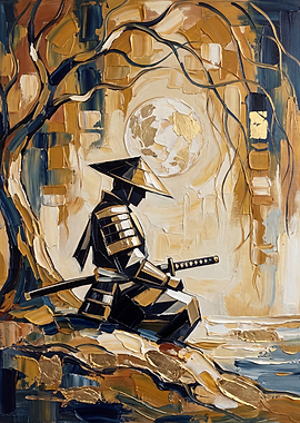 Samurai Meditating Under Full Moon Painting