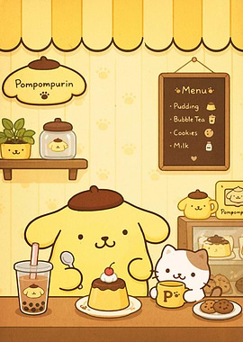 Pompompurin and Muffin at a Cozy Cafe