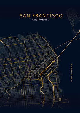 San Francisco California Gold Map Art