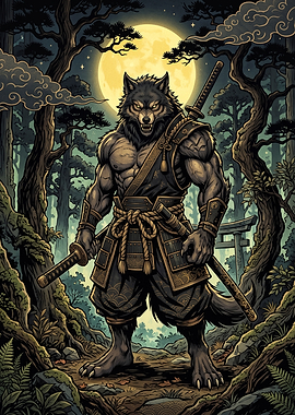 Samurai Wolf Warrior Under Full Moon