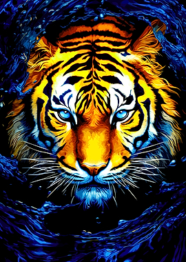 Tiger Emerging from Deep Blue Water