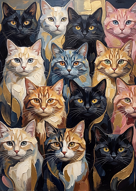 Oil Painting Portrait of Many Cats