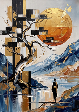 Abstract Japanese Landscape with Bonsai and Samurai