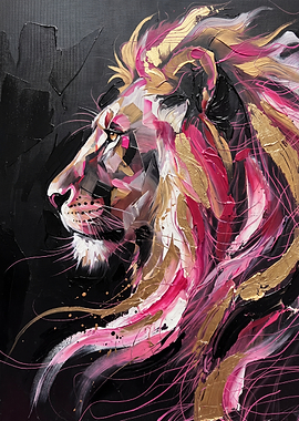 Abstract Lion Portrait in Gold and Pink