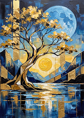 Golden Tree Under Celestial Moon and Sun