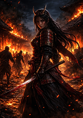 Oni-Horned Samurai Woman in Burning Village