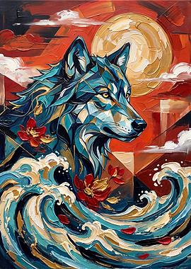 Abstract Wolf and Ocean Waves Painting